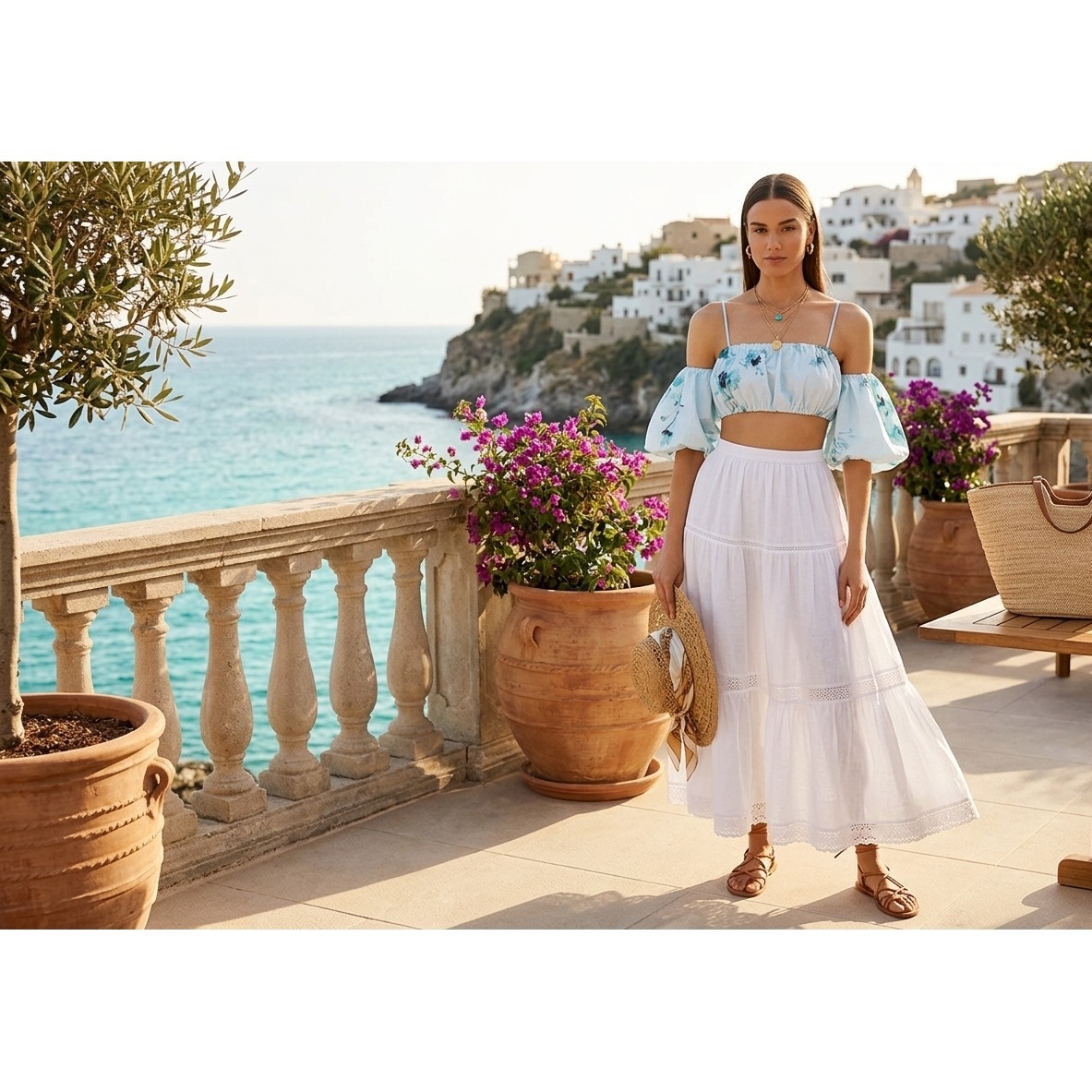 Zimmermann Lightburst Crop Top 6 Aqua Blue Floral Puff Sleeve Off The Shoulder